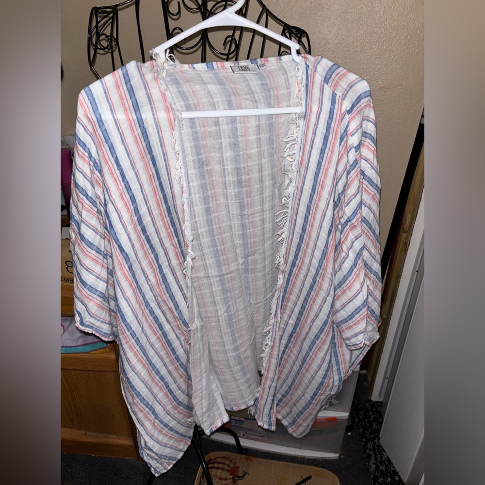 True craft striped kimono..size s/m..fringe on both sides..open front..draped sl